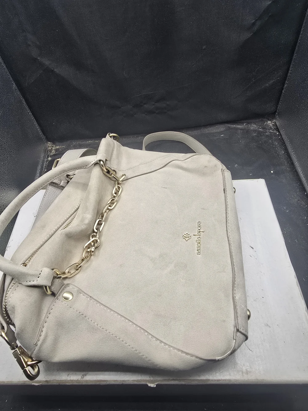 Nanette Lepore Light Gray Suede Crossbody Bag with Gold Chain